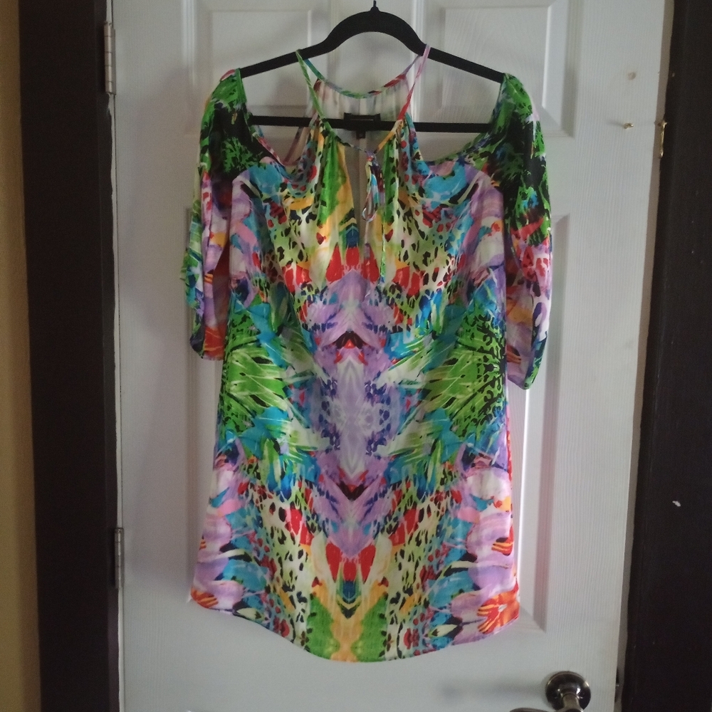Alexia Admor Cold Shoulder Tropical Neon Jungle leopard Dress, Size S